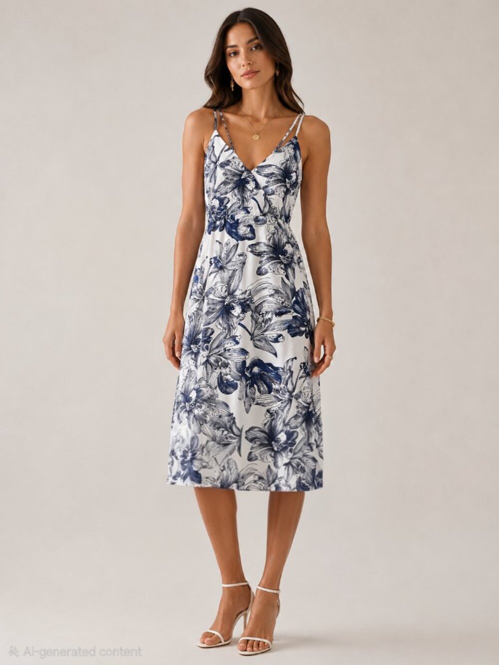 Ethereal Orchid Bloom Blue and White Strappy Midi Dress